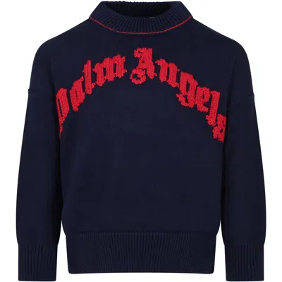 PALM ANGELS BLUE SWEATER FOR BOY WITH LOGO
