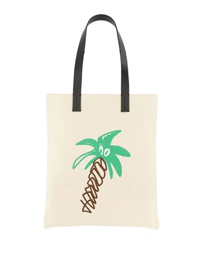 Palm Angels Cotton Canvas Shopping Bag In White