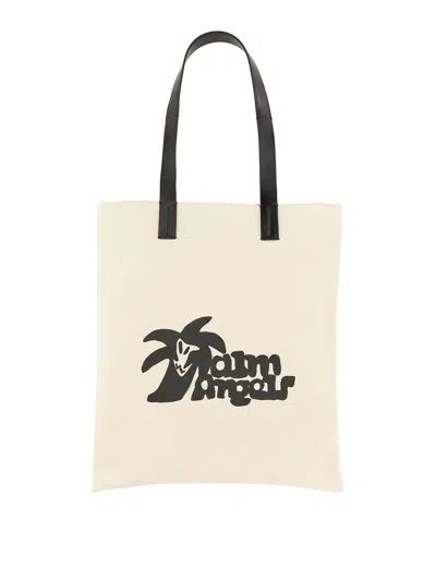 Palm Angels Cotton Canvas Shopping Bag In White