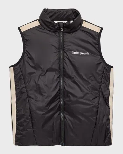 Palm Angels Kids' Boy's Lightweight Embroidered Logo Puffer Vest In Black White