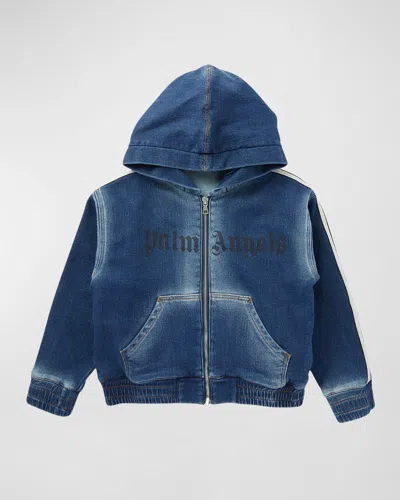 Palm Angels Kids' Boy's Logo-print Denim Wash Track Jacket In Blue Blue