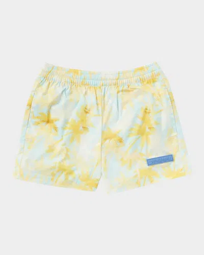 Palm Angels Kids' Boy's Palm Tree-print Swim Shorts In Sky Blue Dusty Bl