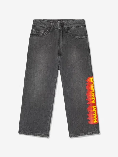 Palm Angels Kids' Boy's Flames Logo-print Medium Wash Jeans In Black