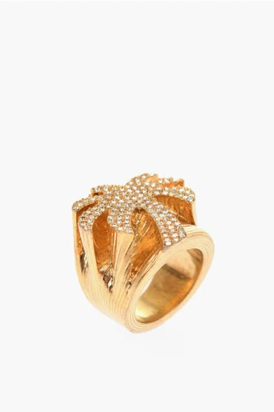 Palm Angels Brass Ring With Rhinestone Embellished Palm In Gold
