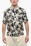 Palm Angels Black And White Short Sleeve Shirt With All-over Palm Print In Viscose In Multi