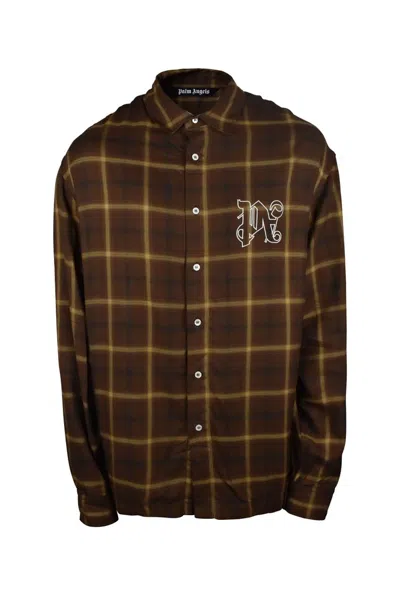 Palm Angels Brown Check Shirt With Signature Logo Embroidery