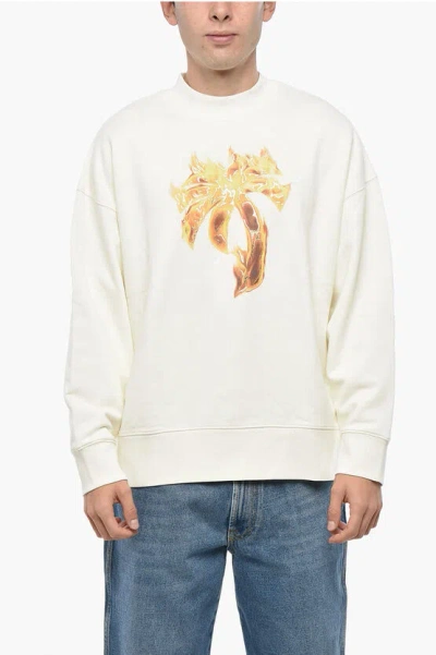 Palm Angels Brushed Cotton Burning Palm Crew-neck Sweatshirt In Multi