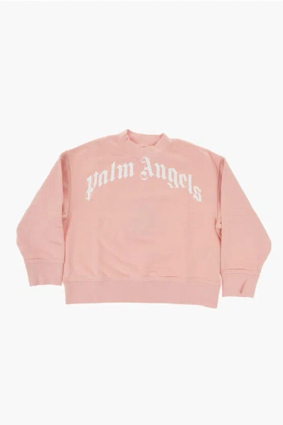 Palm Angels Brushed Cotton Crew-neck Sweatshirt With Printed Logo In Pink