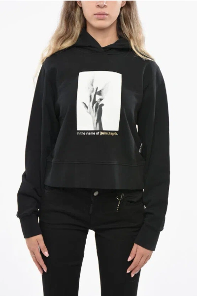 Palm Angels Brushed Cotton Hoodie With Frontal Print In Black