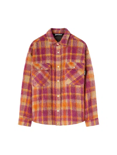 Palm Angels Brushed Wool Check Oveshirt In Burgundy Beige