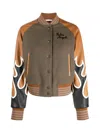 Palm Angels Burning Flames Leather Varsity Jacket In Brown