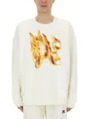 Palm Angels White Crewneck Sweatshirt With Burning Logo Print In Cotton Man