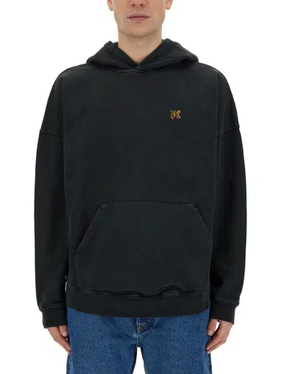 Palm Angels Back Burning Monogram Cotton Hoodie In Black Gold