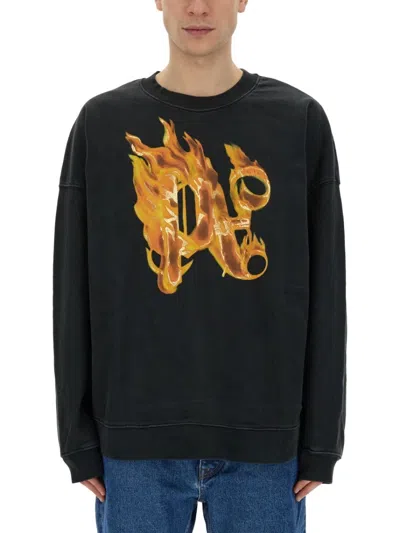 Palm Angels Burning Monogram Print Sweatshirt In Black