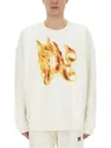 Palm Angels White Crewneck Sweatshirt With Burning Logo Print In Cotton Man In White