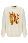 Palm Angels White Crewneck Sweatshirt With Burning Logo Print In Cotton Man