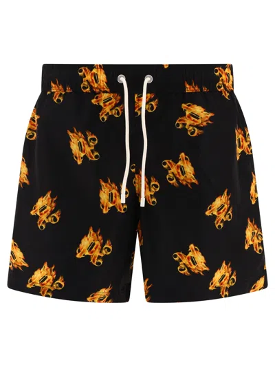 Palm Angels Burning Monogram-print Swim Shorts In Black Gold