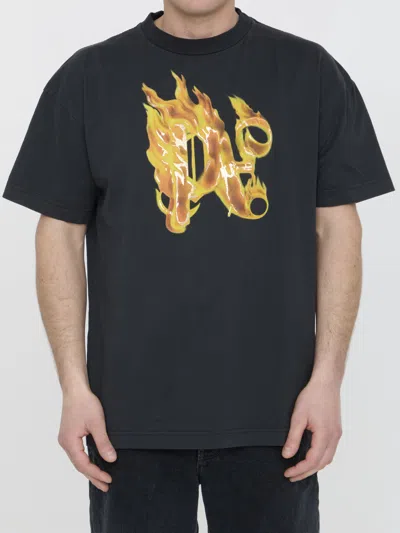Palm Angels Burning Monogram Embellished Logo-print Cotton-jersey T-shirt In Gray