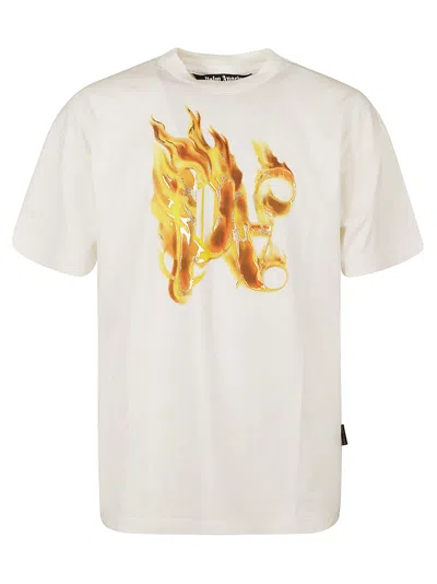 Palm Angels Burning Monogram T-shirt In Off-white/gold