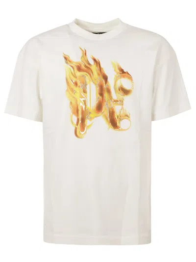 Palm Angels Burning Monogram T-shirt In Off White/gold