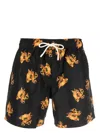 Palm Angels Burning Monogram Swim Shorts In Black Gold