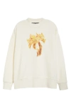 Palm Angels "burning Monogram" Print Sweatshirt In Off White Gold
