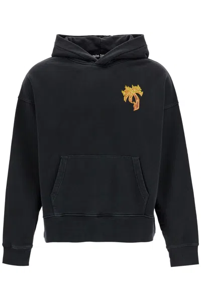 Palm Angels Burning Palm Oversized Hoodie With Hood In Black Gold
