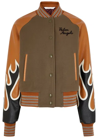 Palm Angels Burning Wool-blend And Leather Varsity Jacket In Military Brown