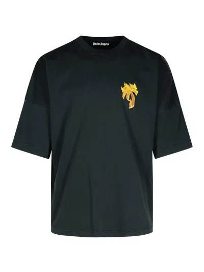 Palm Angels 'burning Palm Oversized T In Black,gold