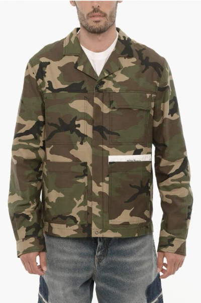 Palm Angels Camouflage Overshirt With Zip Closure In Green