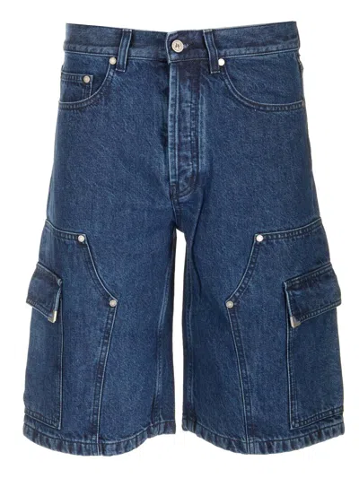 PALM ANGELS CARGO BERMUDA SHORTS IN BLUE DENIM