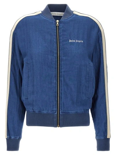Palm Angels Chambre Logo Embroidered Denim Bomber Jacket In Blue