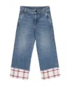 Palm Angels Girl's Check-print Trim Medium Wash Jeans In Blue