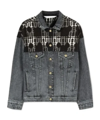 Palm Angels Monogram-jacquard Denim Jacket In Grey