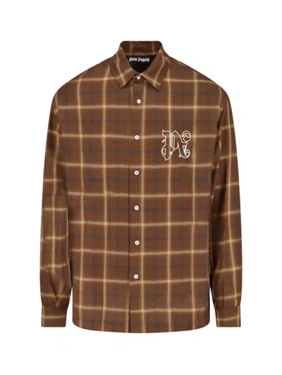 Palm Angels Logo Embroidered Checked Long-sleeved Shirt In Brown