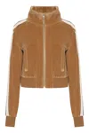 PALM ANGELS CHENILLE LOGO SWEATSHIRT WITH STAND UP COLLAR AND CONTRASTING SLEEVES BANDS IN CAMEL
