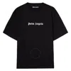 Palm Angels Blue Cotton T-shirt With Palm Print And Logo In White/black