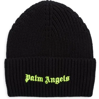 Palm Angels Classic Logo Embroidered Wool Rib Beanie In Black Yellow