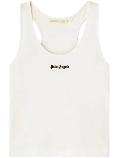 Palm Angels White Logo-embroidered Ribbed Tank Top In Neutral
