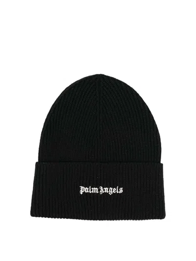 Palm Angels Classic Logo Ribbed Beanie Hat In Black