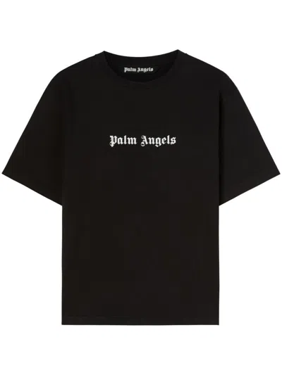 Palm Angels Blue Cotton T-shirt With Palm Print And Logo In Black