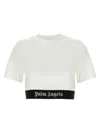 Palm Angels White Cropped T-shirt With Jacquard Logo In Cotton Woman In White/black