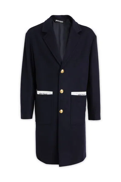 Palm Angels Wool Blend Tape Uniform Coat With Logoed Buttons In Black