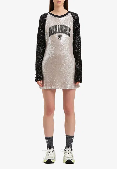 Palm Angels College Logo Sequined Mini T-shirt Dress In Gray