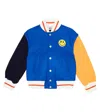 Palm Angels Smiley Teddy Print Varsity Jacket In Light Blue Lemon Yel