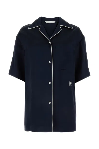 Palm Angels Contrast-piped Bowling Shirt In Blue