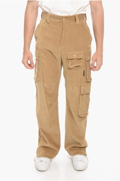 Palm Angels Corduroy Cargo Pants With Drawstringed Cuffs In Neutral