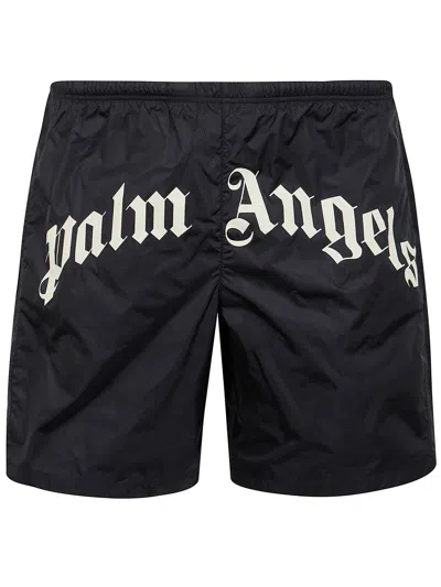 Palm Angels Curved Branding Swim Shorts Back Pocket In Black
