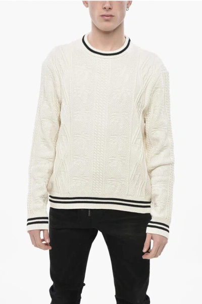 Palm Angels Cotton-blend Cable Knit Crewneck Sweater Curved Logo In Brown