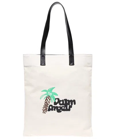 Palm Angels Cotton Canvas Shopping Bag In Ivory